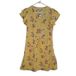 Maison Jules Floral Print Flutter Sleeve Mini Dress Yellow Medium